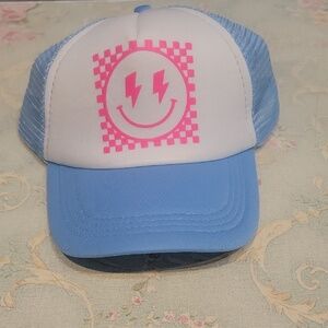 Blue and White Trucker Hat with Pink Smiley